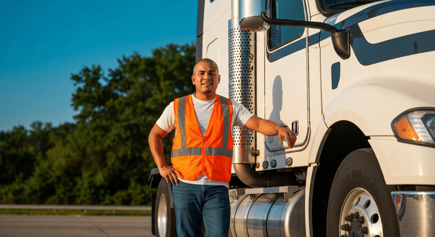 Truck driver beside semi truck